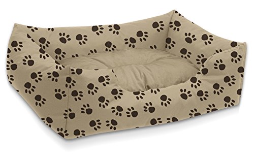 BedDog Hundebett Mimi, Hundesofa aus Cordura, Microfaser-Velours, waschbares Hundebett Vier-eckig mit Rand, Hundekissen für drinnen, draußen, L, beige mit Pfoten von BedDog