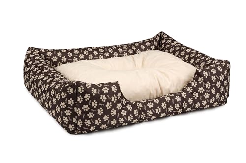 BedDog Hundebett Mimi, Hundesofa aus Cordura, Microfaser-Velours, waschbares Hundebett Vier-eckig mit Rand, Hundekissen für drinnen, draußen, L, braun-beige mit Pfoten von BedDog