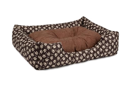 BedDog Hundebett Mimi, Hundesofa aus Cordura, Microfaser-Velours, waschbares Hundebett Vier-eckig mit Rand, Hundekissen für drinnen, draußen, L, braun mit Pfoten von BedDog