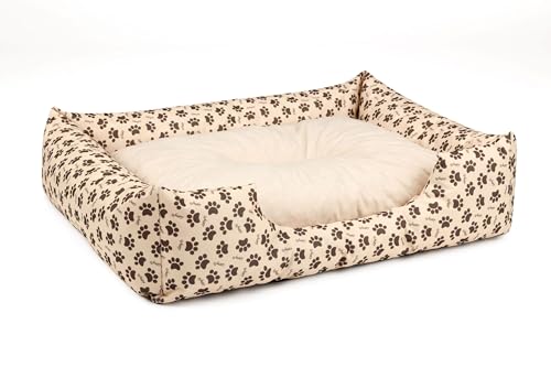 BedDog Hundebett Mimi, Hundesofa aus Cordura, Microfaser-Velours, waschbares Hundebett Vier-eckig mit Rand, Hundekissen für drinnen, draußen, S, beige mit Pfoten von BedDog