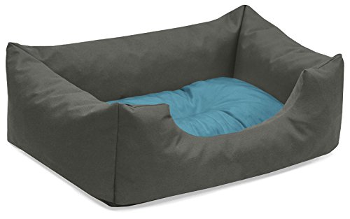 BedDog Hundebett Mimi, Hundesofa aus Cordura, Microfaser-Velours, waschbares Hundebett Vier-eckig mit Rand, Hundekissen für drinnen, draußen, S, grau-blau von BedDog