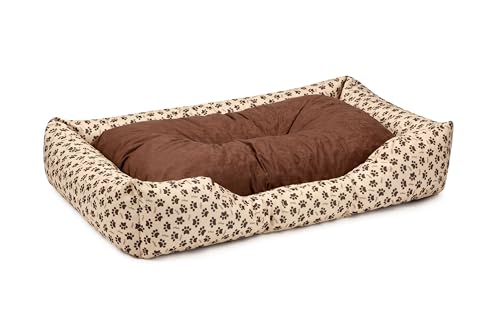 BedDog Hundebett Mimi, Hundesofa aus Cordura, Microfaser-Velours, waschbares Hundebett Vier-eckig mit Rand, Hundekissen für drinnen, draußen, XL, beige-braun mit Pfoten von BedDog