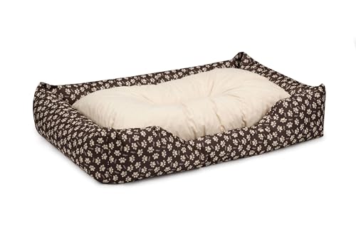 BedDog Hundebett Mimi, Hundesofa aus Cordura, Microfaser-Velours, waschbares Hundebett Vier-eckig mit Rand, Hundekissen für drinnen, draußen, XL, braun-beige mit Pfoten von BedDog