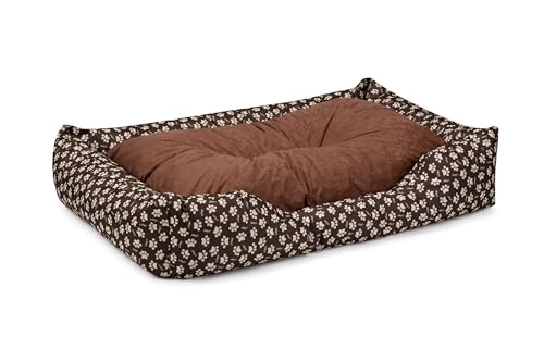 BedDog Hundebett Mimi, Hundesofa aus Cordura, Microfaser-Velours, waschbares Hundebett Vier-eckig mit Rand, Hundekissen für drinnen, draußen, XL, braun mit Pfoten von BedDog