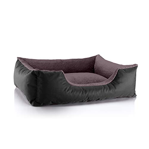 BedDog Hundebett Teddy, Hundesofa aus Cordura und Microfaser-Velours, waschbares Hundebett mit Rand, Hundekissen Vier-eckig, für drinnen, draußen, Größe L, schwarz-braun von BedDog