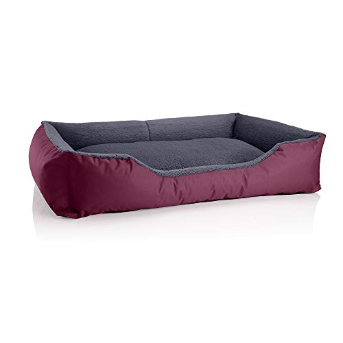 BedDog Hundebett Teddy, Hundesofa aus Cordura und Microfaser-Velours, waschbares Hundebett mit Rand, Hundekissen Vier-eckig, für drinnen, draußen, Größe XXL, Bordeaux-grau von BedDog