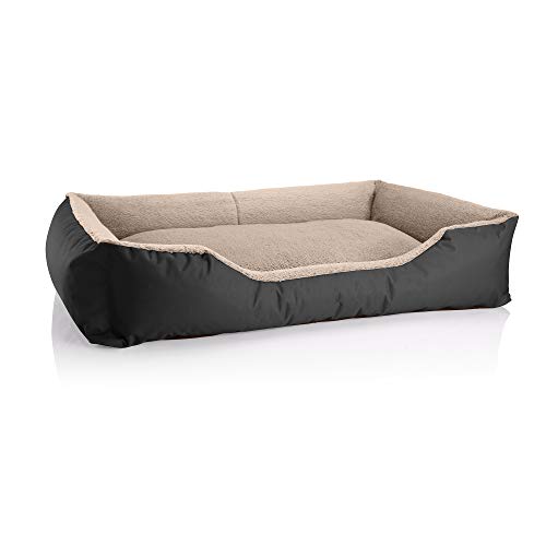 BedDog Hundebett Teddy, Hundesofa aus Cordura und Microfaser-Velours, waschbares Hundebett mit Rand, Hundekissen Vier-eckig, für drinnen, draußen, Größe XXL, schwarz-beige von BedDog