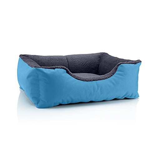 BedDog Hundebett TEDDY, Hundesofa aus Cordura und Microfaser-Velours, waschbares Hundebett mit Rand, Hundekissen vier-eckig, für drinnen, draußen, Größe M, grau-blau von BedDog