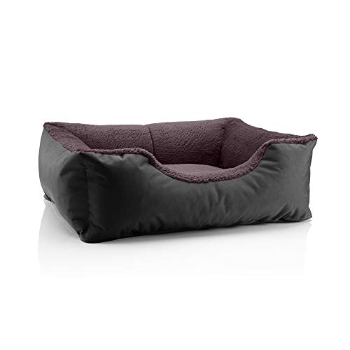 BedDog Hundebett Teddy, Hundesofa aus Cordura und Microfaser-Velours, waschbares Hundebett mit Rand, Hundekissen Vier-eckig, für drinnen, draußen, Größe M, schwarz-braun von BedDog