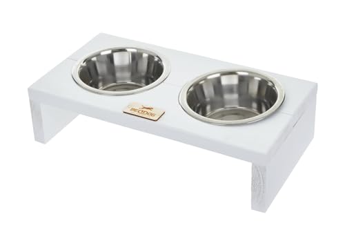 BedDog Hundenapf Duo mit Edelstahl-Schüsseln, erhöhter Doppel-Fressnapf Hundebar Katzennapf Futterstation, 2X 0,9L, weiß von BedDog