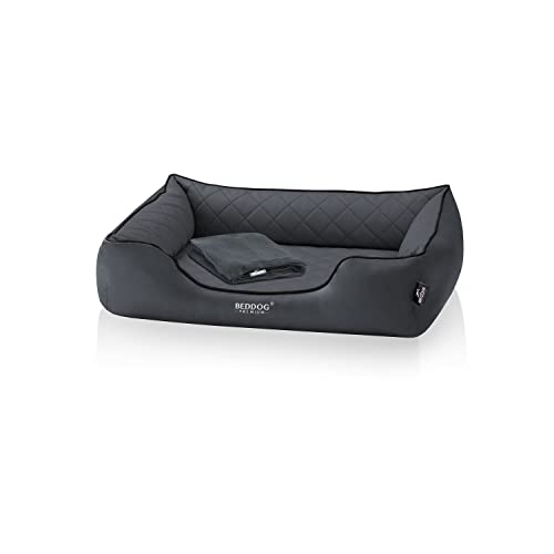 BedDog Premium Orthopädisches Hundebett Buffy, Hundesofa aus Kunstleder, Abnehmbarer Bezug, Kuschel-Decke Zugabe - Anthracite (anthrazit) von BedDog