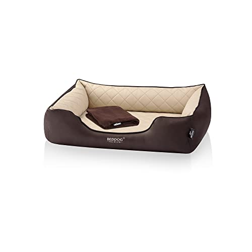 BedDog Premium Orthopädisches Hundebett Buffy, Hundesofa aus Kunstleder, Abnehmbarer Bezug, Kuschel-Decke Zugabe - Melange (beige/braun) von BedDog