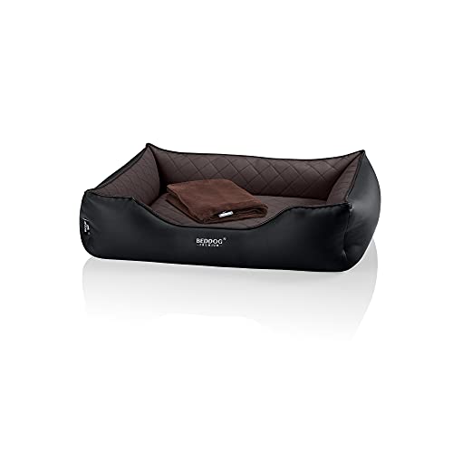 BedDog Premium Orthopädisches Hundebett Buffy, Hundesofa aus Kunstleder, Abnehmbarer Bezug, Kuschel-Decke Zugabe - Mocca (braun/schwarz) von BedDog