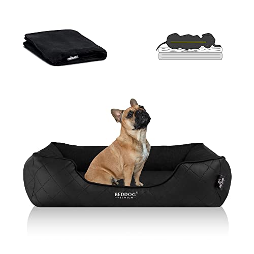 BedDog Premium Orthopädisches Hundebett WUFFI, Hundesofa aus Kunstleder, Abnehmbarer Bezug, Kuschel-Decke Zugabe - Black (schwarz) von BedDog