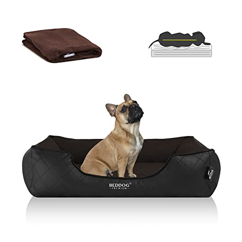 BedDog Premium Orthopädisches Hundebett WUFFI, Hundesofa aus Kunstleder, Abnehmbarer Bezug, Kuschel-Decke Zugabe - Mocca (braun/schwarz) von BedDog