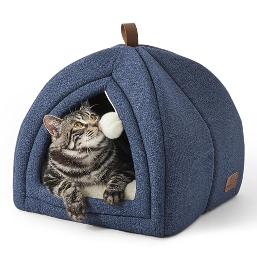 Bedsure Katzenbett große Katzen Katzenhöhle- 40x40x40 cm Katzenhaus Indoor mit abnehmbarem Sherpa Katzenkissen und hängendem Spielzeug, Katzen Bettchen waschbar, Navyblau von BEDSURE