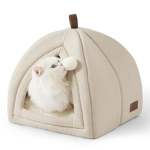 BEDSURE Katzenbett große Katzen Katzenhöhle- 40x40x40 cm Katzenhaus Indoor mit abnehmbarem Sherpa Katzenkissen und hängendem Spielzeug, Katzen Bettchen waschbar, beige von BEDSURE