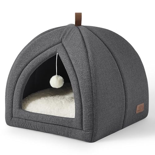 BEDSURE Katzenbett große Katzen Katzenhöhle- 40x40x40 cm Katzenhaus Indoor mit abnehmbarem Sherpa Katzenkissen und hängendem Spielzeug, Katzen Bettchen waschbar, dunkelgrau von BEDSURE