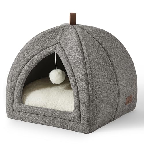 BEDSURE Katzenbett große Katzen Katzenhöhle- 40x40x40 cm Katzenhaus Indoor mit abnehmbarem Sherpa Katzenkissen und hängendem Spielzeug, Katzen Bettchen waschbar, hellgrau von BEDSURE