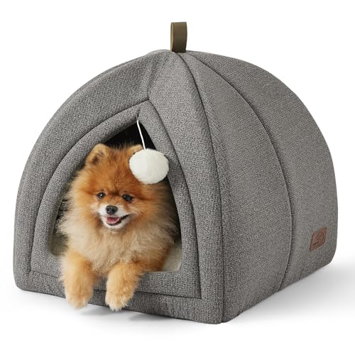 BEDSURE Katzenbett große Katzen Katzenhöhle- 44x44x44 cm Katzenhaus Indoor mit abnehmbarem Sherpa Katzenkissen und hängendem Spielzeug, Katzen Bettchen waschbar, hellgrau von BEDSURE