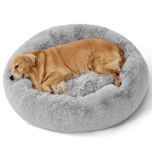 BEDSURE Hundebett waschbar Flauschiges Hundebett - Ø 115 cm Donut Hundebett für große Hunde, plüsch Hundebett rund Kuschelbett, hellgrau von BEDSURE