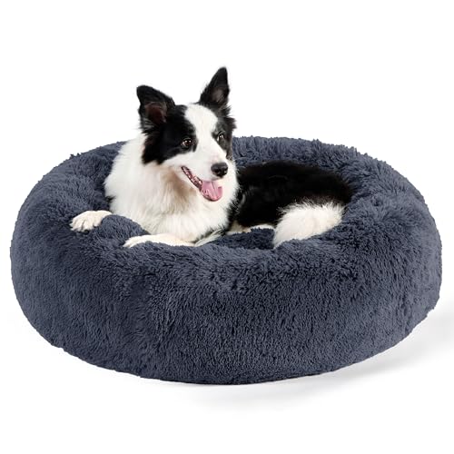 BEDSURE Hundebett waschbar Flauschiges Hundebett - Ø 91 cm Donut Hundebett für große Hunde, plüsch Hundebett rund Kuschelbett, dunkelgrau von BEDSURE