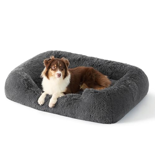 BEDSURE Hundebett flauschig Grosse Hunde - 91x68x18cm Hundebett waschbar für Grosse Hunde, quadratisches kuschelbett mit weich Rand und Rutschfester Boden, grau von BEDSURE