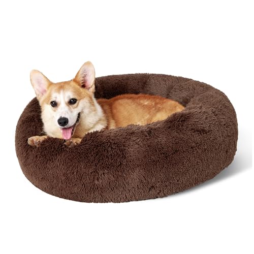 BEDSURE Hundebett waschbar Flauschiges Hundebett - Ø 80 cm Donut Hundebett für große Hunde, plüsch Hundebett rund Kuschelbett, Braun von BEDSURE