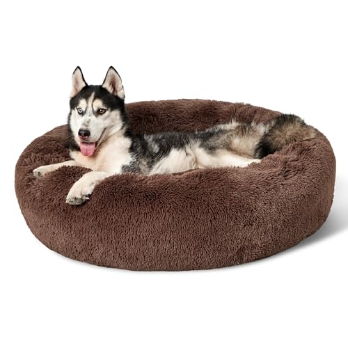 BEDSURE Hundebett waschbar Flauschiges Hundebett - Ø 91 cm Donut Hundebett für große Hunde, plüsch Hundebett rund Kuschelbett, Braun von BEDSURE