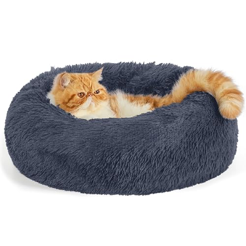 BEDSURE Hundebett waschbar Flauschiges Katzenbett - Ø 50 cm Donut Kissen, Katzenschlafplatz für Katzen Kleine Mittelgroße Hunde, Plüsch Katzenkissen Rund Kuschelbett Katzen Bettchen, Dunkelgrau von BEDSURE