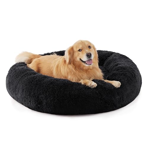 BEDSURE Katzenbett waschbar Flauschiges Hundebett - Ø 115 cm Katzenschlafplatz für Katzen und Hunde, plüsch Katzenkissen rund Kuschelbett, schwarz von BEDSURE