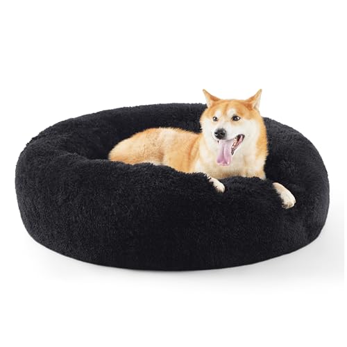 BEDSURE Katzenbett waschbar Flauschiges Hundebett - Ø 80 cm Katzenschlafplatz für Katzen und Hunde, plüsch Katzenkissen rund Kuschelbett, schwarz von BEDSURE