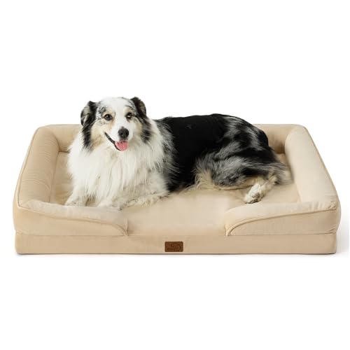 BEDSURE orthopädisches Hundebett Ergonomisches Hundesofa - 106x80 cm Hundecouch mit eierförmiger Kistenschaum für große Hunde, waschbar rutschfest Hundebetten, hellkhaki von BEDSURE