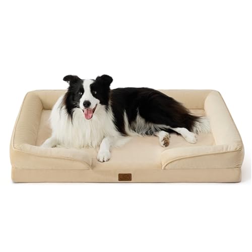 BEDSURE orthopädisches Hundebett Ergonomisches Hundesofa - 89x63 cm Hundecouch mit eierförmiger Kistenschaum für mittlere Hunde, waschbar rutschfest Hundebetten, hellkhaki von BEDSURE