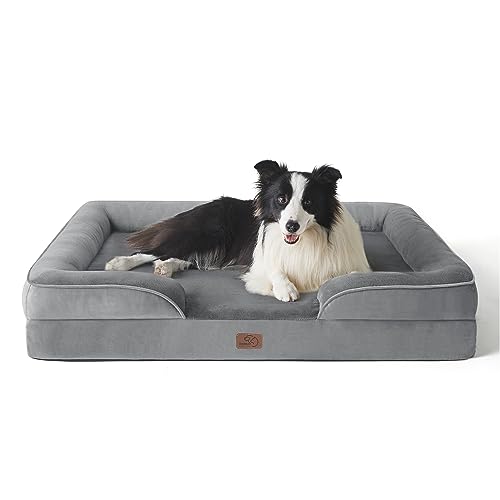 BEDSURE orthopädisches Hundebett Ergonomisches Hundesofa - 89x63 cm Hundecouch mit eierförmiger Kistenschaum für mittlere Hunde, waschbar rutschfest Hundebetten, grau von BEDSURE