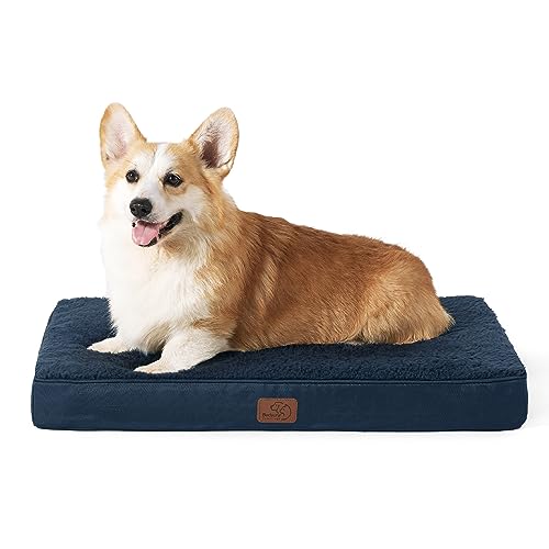 BEDSURE orthopädisches Hundebett mittelgroße Hunde - 89x56x7.6cm Hundekissen flauschig Hundematte waschbar Hundematratze in navyblau für mittelgroße Hunde von BEDSURE