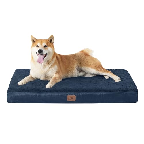 BEDSURE orthopädisches Hundebett mittelgroße Hunde - 91x69x7.6cm Hundekissen flauschig Hundematte waschbar Hundematratze in Navyblau für mittelgroße Hunde von BEDSURE