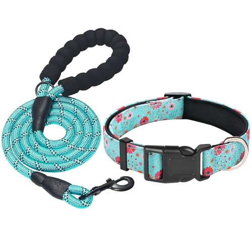 Beebiepet Hundehalsband aus Nylon, weiches Neopren gepolstert, verstellbare Hundehalsbänder für kleine, mittelgroße und große Hunde (S Hals 30,5 cm - 39,4 cm, Blumen-Türkis) von Beebiepet