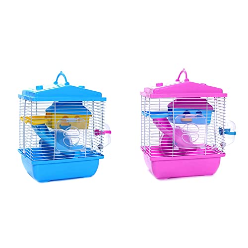 2 x Haustierkäfig Hamsterhütte mit transparentem Dachfenster Doppelschicht Haus für Hamster Golden Hamster Haustier Blau & Rosa von Beelooom