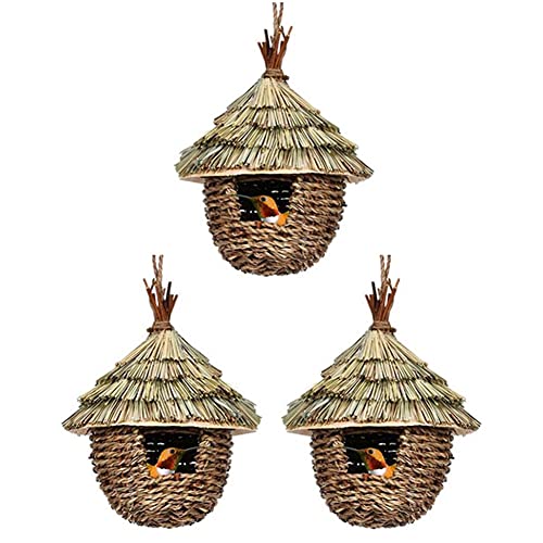 Beelooom 3-Teiliges Vogelhaus, Handgewebt, zum Aufhängen, Summendes Vogelhaus, Outdoor-Vogelhaus zum Nisten, Naturgras-Vogelnest für Garten, Terrasse von Beelooom