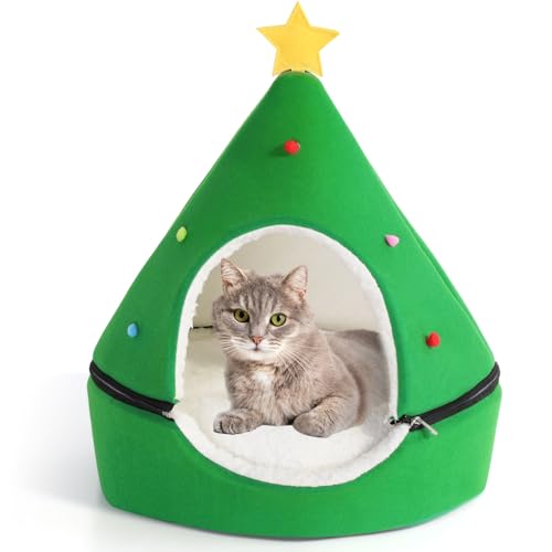 Beeveer Weihnachten Katzenhaus Katzenbetten für Indoor Katzen Weihnachten Katzenzelt Katzenbett Höhle für Haustier Selbstwärmend 2 in 1 Abnehmbare Faltbare Bequeme Warme Katze Condo Zelte im Winter von Beeveer