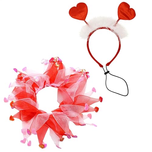 Befeixue Valentinstag-Haustier-Outfit,Hunde-Valentinstag-Kleidung, Rotes Herz-Stirnband und Halsband für Haustiere, Hundeurlaub-Party-Requisiten, Valentinstag-Tierhaar-Accessoires für kleine, von Befeixue