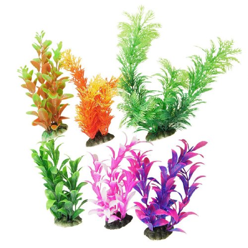 Begchy 6 Stück sortierte Farbe Aquarium Kunststoff Pflanzen Dekoration mit Keramik-Basis von Begchy