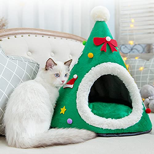 Gemütlicher Urlaubsort: Katzenbett in Weihnachtsbaumform für kleine und mittelgroße Hunde und Katzen – Plüschschlafsackkissen und Katzenhaus für den Innenbereich von Begonial
