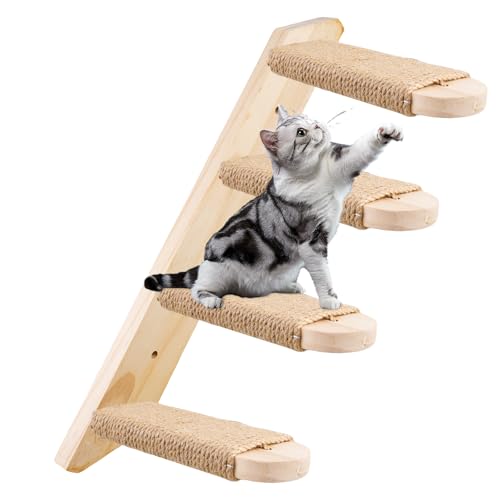 Behogan Katzentreppe Wand, Kletterwand Katzen aus Massives Eichenholz, Klettern Katzenleiter für Katzen bis 15kg, Kletterwand Katzenmöbel mit Juteseil, Katzen Möbel Innen für Katze Klettern Spielen von Behogan