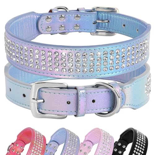 Beirui Bling Strass Hundehalsband mit Diamanten besetzt, buntes PU-Leder, gepolstertes Hundehalsband, 3.8 cm breit, strapazierfähig,50.8 cm, Blau von Beirui