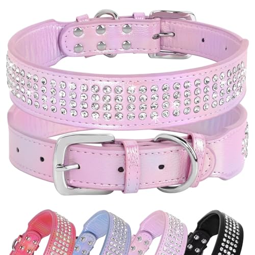 Beirui Bling Strass Hundehalsband mit Diamanten besetzt, buntes PU-Leder, gepolstertes Hundehalsband, 3.8 cm breit, strapazierfähig,50.8 cm, Rosa von Beirui