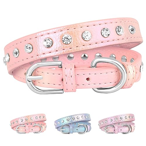 Beirui Bling Strass Hundehalsband mit Nieten Diamanten für kleine mittelgroße Hunde Katzen, niedliches Bedazzled PU-Leder Hundehalsband mit funkelnden Kristallen für Mädchen Jungen Welpen, Rosa, XS von Beirui