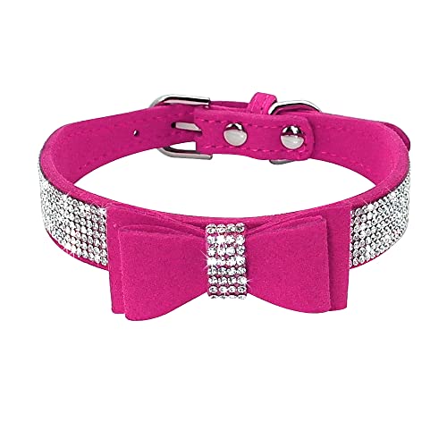 Beirui Hunde- und Katzenhalsband, Leder, mit Strasssteinen, besetzt mit funkelnden Kristalldiamanten, niedliche Doppelschleife, für den täglichen Spaziergang, Hot Pink, XXS Halsumfang 15,2-20,3 cm von Beirui