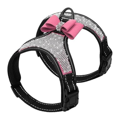 Beirui Hundegeschirr mit Strasssteinen, reflektierend, glitzernd, Nylon, mit glitzernder Fliege, für kleine, mittelgroße und große Hunde, zum Spazierengehen, Party, Hochzeit, Pink, M von Beirui